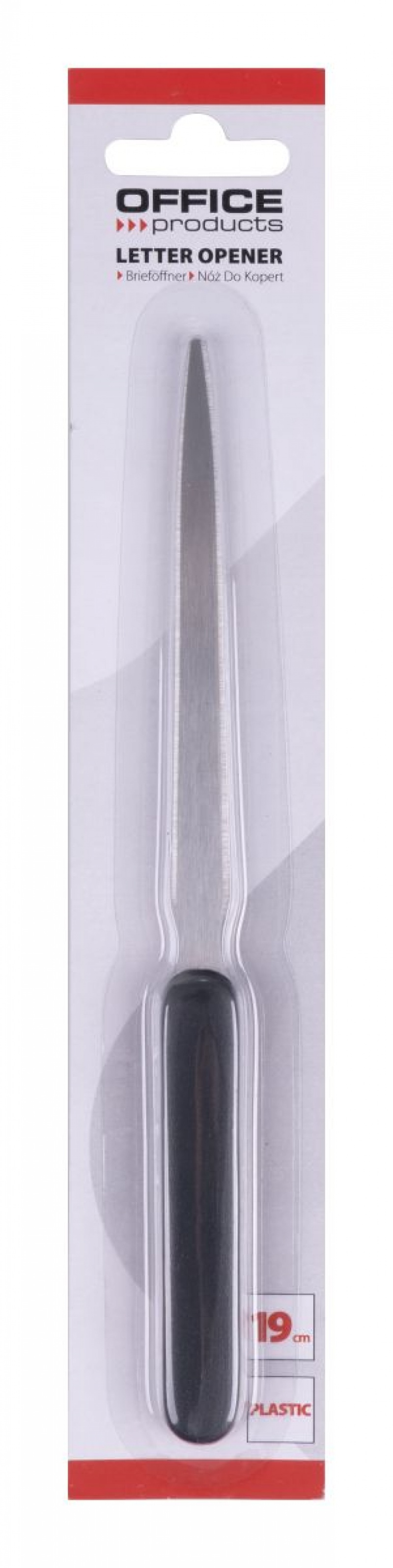 Nóż do kopert OFFICE PRODUCTS, 19cm, plastikowa rączka, blister, czarny, Noże, Koperty i akcesoria do wysyłek