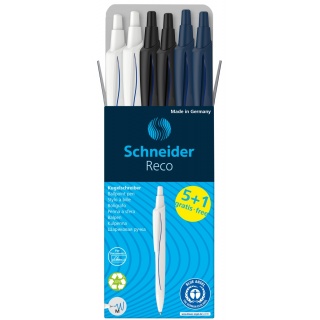 Długopis automatyczny SCHNEIDER Reco, M, box, 6 szt., mix kolorów, Długopisy, Artykuły do pisania i korygowania