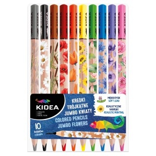 KREDKI TRÓJKĄTNE JUMBO KWIATY 10 KOL.KIDEA, Kredki ołówkowe, Plastyka