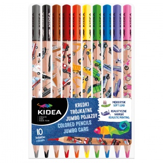 KREDKI TRÓJKĄTNE JUMBO POJAZDY 10 KOL.KIDEA, Kredki ołówkowe, Plastyka