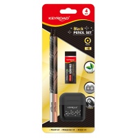 School kit KEYROAD Black Pencil Set, 2x black pencil + eraser + sharpener, blister, black