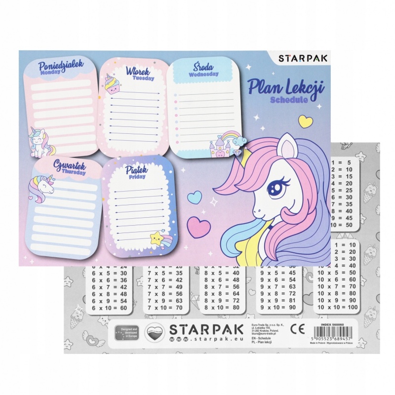 PLAN LEKCJI + TABLICZKA MNOŻENIA A5 UNICORN /25/, Okładki i dodatki, Zeszyty i bloki