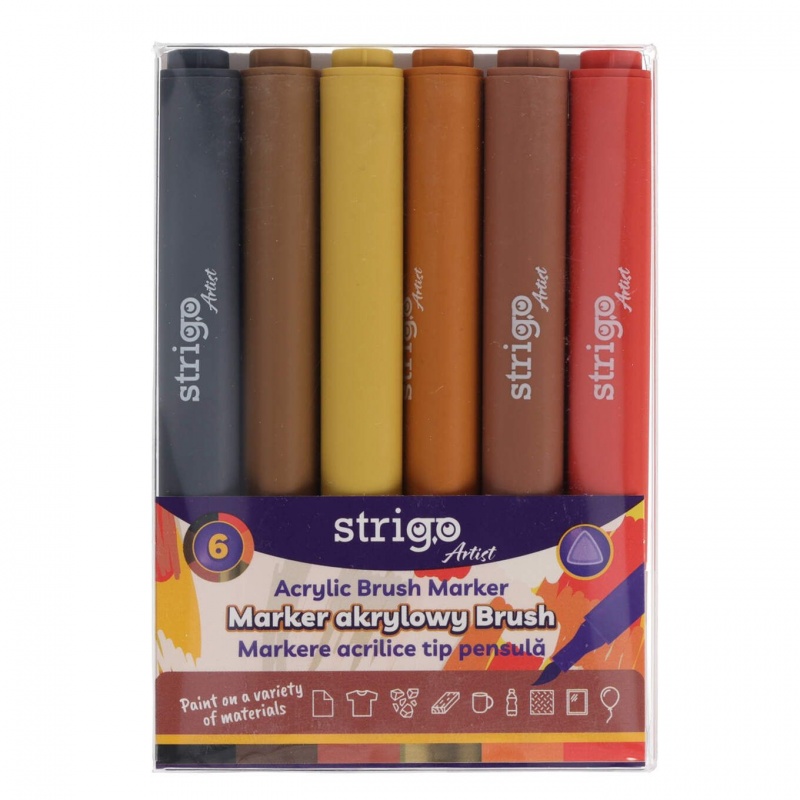 STRIGO MARKER AKRYLOWY BRUSH ZESTAW 6 6KOL., Flamastry, Plastyka