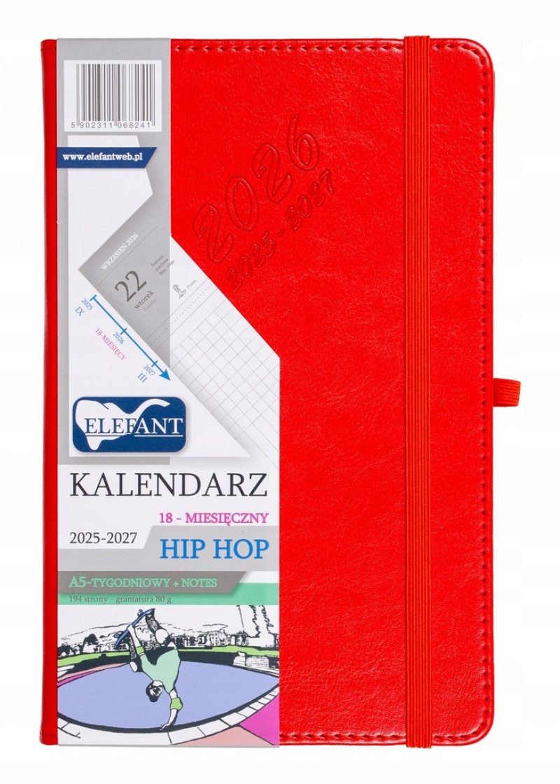 KALENDARZ HIP HOP A5 18 M-CY TYGODN.CZERWONY 2026, Tygodniowe, Kalendarze