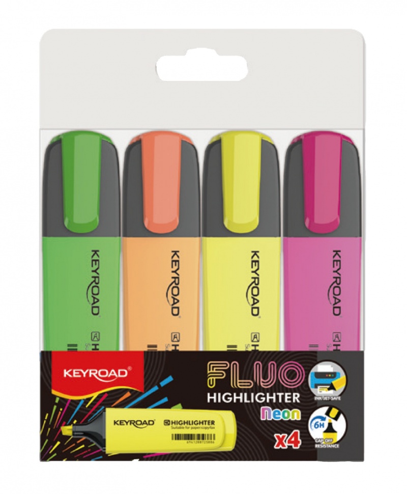 Zakreślacz KEYROAD Fluo Neon, 1-5 mm, 4 szt., etui, mix kolorów, Textmarkery, Artykuły do pisania i korygowania