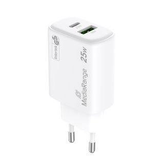 Ładowarka MEDIARANGE 25W, szybkie ładowanie, 1xUSB-C + 1xUSB-A, biały, Złącza i adaptery, Akcesoria komputerowe