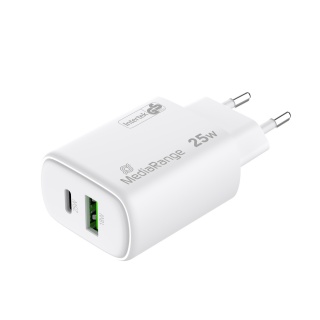 Ładowarka MEDIARANGE 25W, szybkie ładowanie, 1xUSB-C + 1xUSB-A, biały, Złącza i adaptery, Akcesoria komputerowe