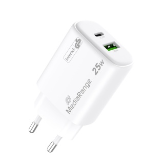 Ładowarka MEDIARANGE 25W, szybkie ładowanie, 1xUSB-C + 1xUSB-A, biały, Złącza i adaptery, Akcesoria komputerowe