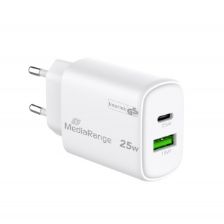 Ładowarka MEDIARANGE 25W, szybkie ładowanie, 1xUSB-C + 1xUSB-A, biały, Złącza i adaptery, Akcesoria komputerowe