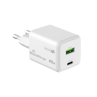 Ładowarka MEDIARANGE 45W, szybkie ładowanie, 1xUSB-C + 1xUSB-A, biały, Złącza i adaptery, Akcesoria komputerowe