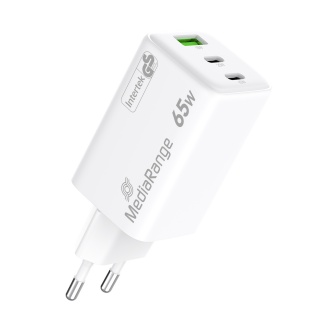 Ładowarka MEDIARANGE 65W, szybkie ładowanie, 2xUSB-C + 1xUSB-A, biały, Złącza i adaptery, Akcesoria komputerowe