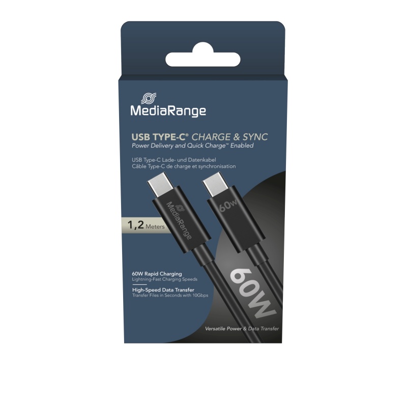 Kabel USB-C MEDIARANGE, ładowarka, 60W max, 5 Gbps, 1,2m, czarny, Złącza i adaptery, Akcesoria komputerowe
