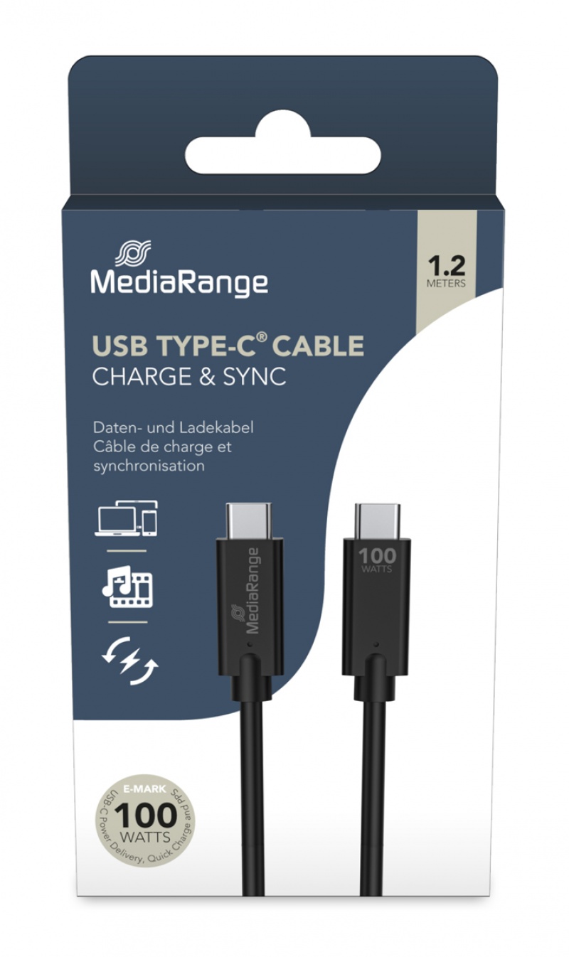 Cable USB-C MEDIARANGE, 100W max, USB 3.1, 1,2m, black, Connectors and adapters, Computer accessories