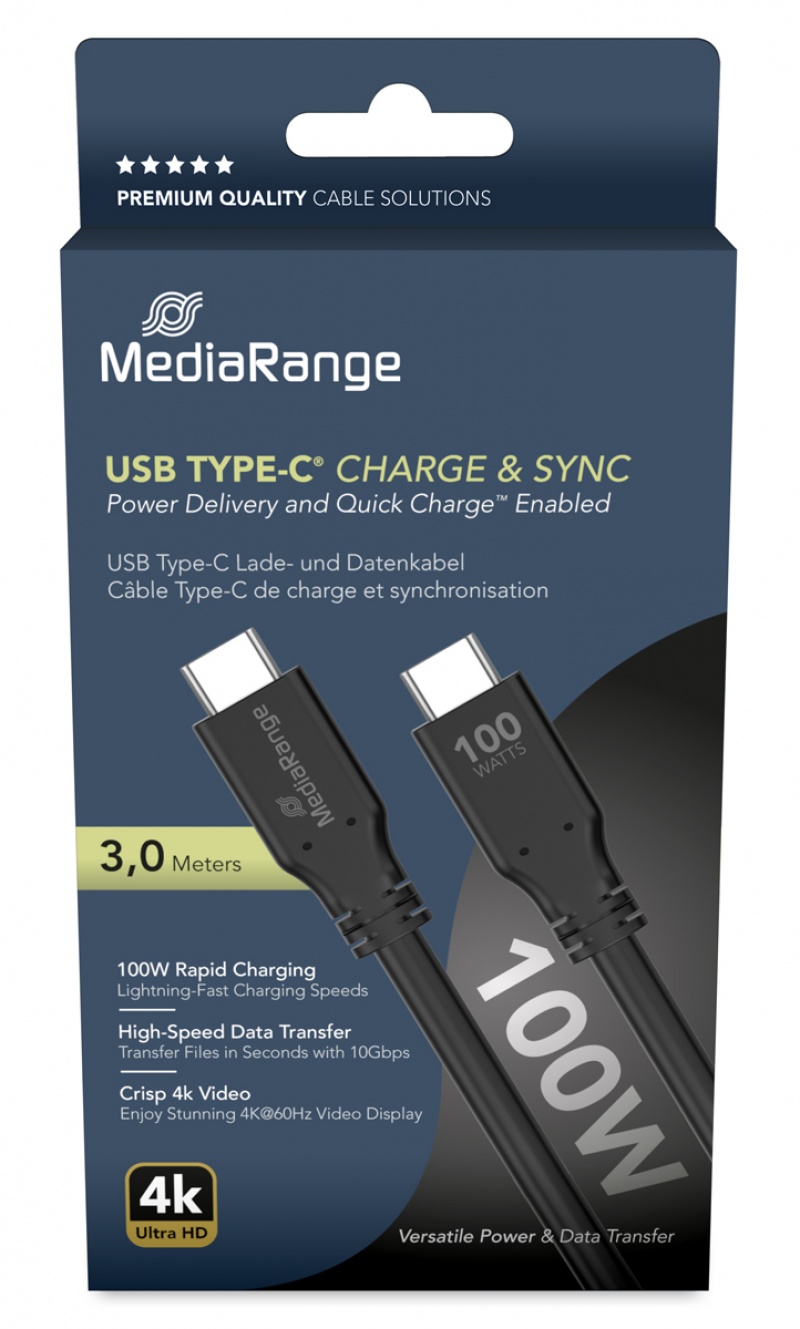 Cable USB-C MEDIARANGE, 100W max, USB 3.2, 3m, black, Connectors and adapters, Computer accessories