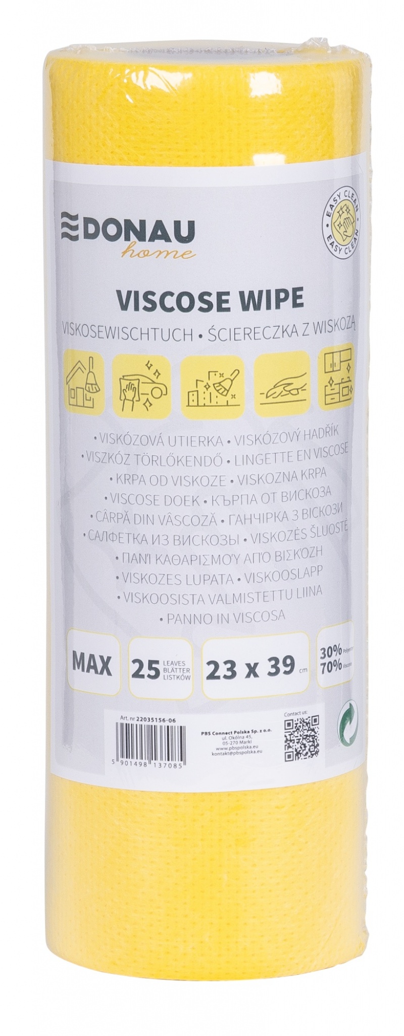 Ścierka DONAU HOME, z wiskozą 70%, rolka, max, 23x39cm, 25 listków, żółta, Akcesoria do sprzątania, Artykuły higieniczne i dozowniki