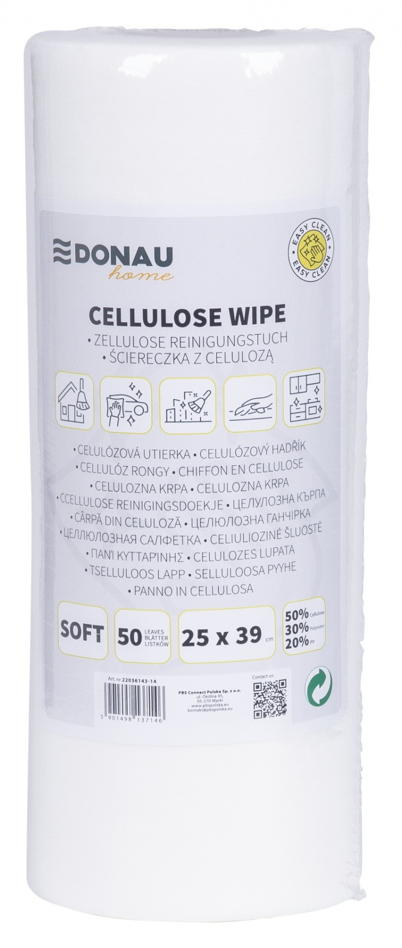 All-purpose cloths DONAU HOME, with cellulose 50%, roll, soft, 25x39cm, 50 leaves, white