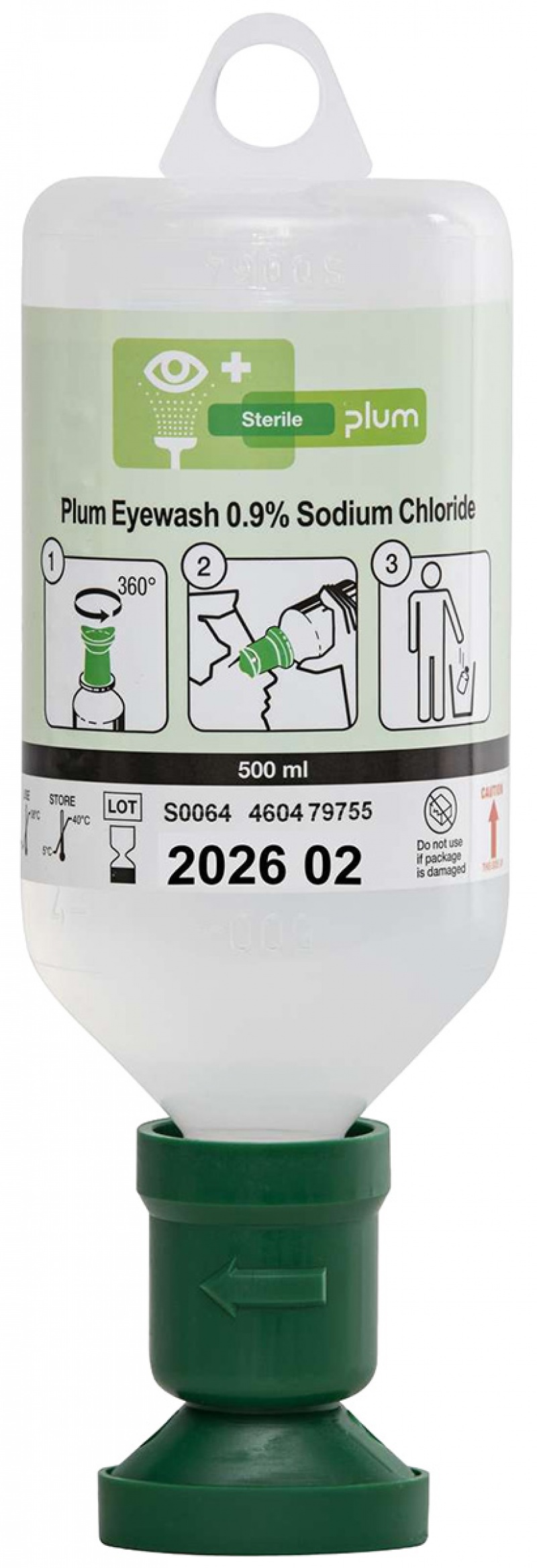 Eye liquid PLUM Eyewash, 0.9% sodium chloride, with eye cap, 500ml, First Aid Kits, Personal protection