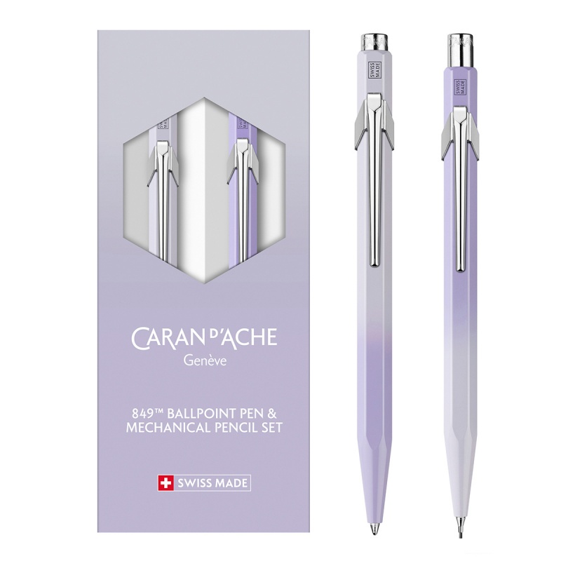 Zestaw długopis 849 + ołówek 844 Caran d’Ache Blooming Lavender, w etui, liliowo-szary, Długopisy, Artykuły do pisania i korygowania