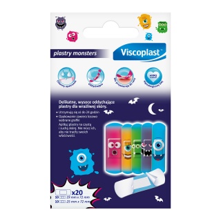 Plastry dziecięce VISCOPLAST Monsters, 2 rozmiary, 20 szt., pudełko, Plastry, apteczki, Artykuły higieniczne i dozowniki