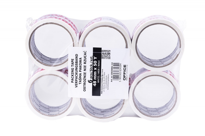 Taśma pakowa OFFICE PRODUCTS, ostrożnie nie rzucać, 48mm x 50y, 36mic, 1szt., biała, Taśmy pakowe, Koperty i akcesoria do wysyłek