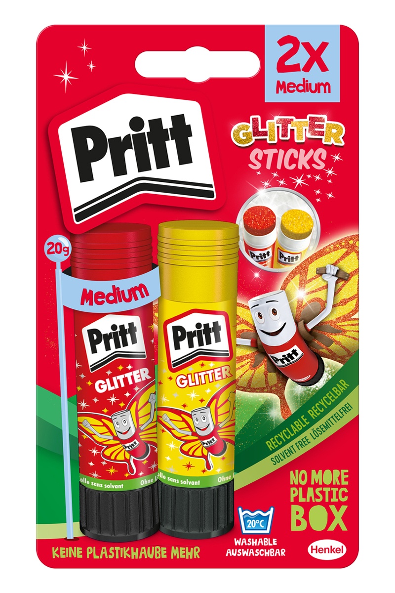 Klej w sztyfcie PRITT z brokatem, 2x20g, blister, mix kolorów, Kleje, Drobne akcesoria biurowe