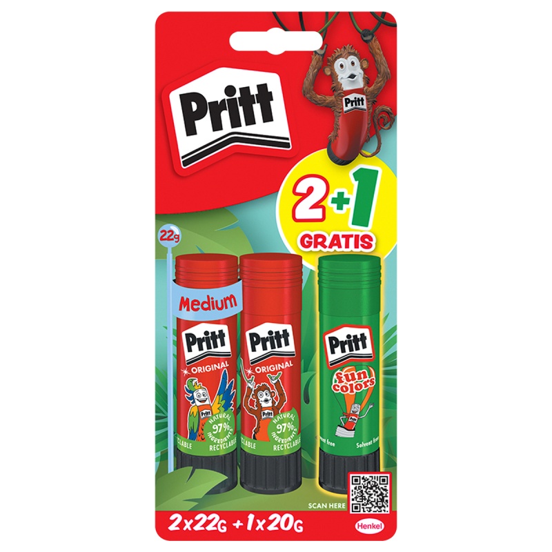 Klej w sztyfcie PRITT, 2x22g + 1x20g neon, blister, mix kolorów, Kleje, Drobne akcesoria biurowe