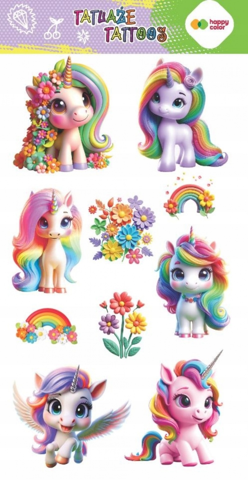 Tatuaże zmywalne FLOWER UNICORNS 100x200mm.H.COL., Naklejki, Art. kreatywne