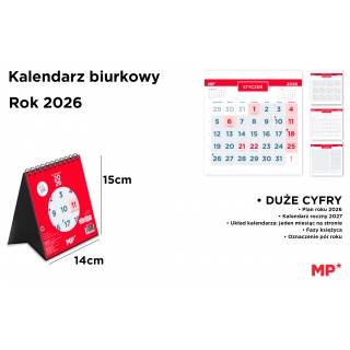 Kalendarz stołowy 2026 czerwony 14x15cm., Biurkowe, Kalendarze