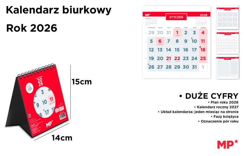 Kalendarz stołowy 2026 czerwony 14x15cm., Biurkowe, Kalendarze