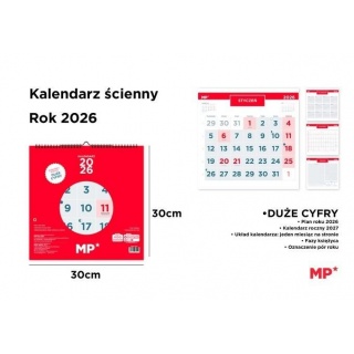Kalendarz ścienny 2026 czerwony 30x30cm., Ścienne, Kalendarze
