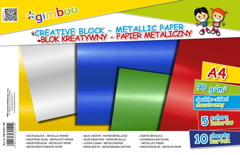 Blok kreatywny GIMBOO, A4, 10 kart., 90gsm, mix kolorów metalicznych, Bloki, Zeszyty i bloki