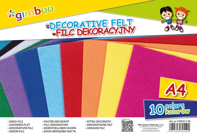 Filc dekoracyjny GIMBOO, A4, w folii, mix kolorów, Produkty kreatywne, Artykuły szkolne