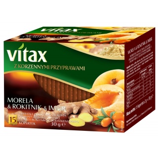 Herbata VITAX, owocowo-ziołowa, morela, rokitnik i imbir, 15 kopert, Herbaty, Artykuły spożywcze