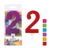 Świeczka urodzinowa TRENDHAUS Birthday Fun maxi, brokatowa, cyfra 2, mix kolorów, Okolicznościowe, Gadżety