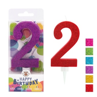 Świeczka urodzinowa TRENDHAUS Birthday Fun maxi, brokatowa, cyfra 2, mix kolorów, Okolicznościowe, Gadżety