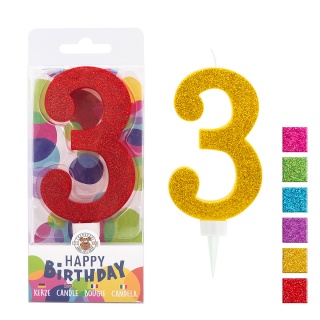 Świeczka urodzinowa TRENDHAUS Birthday Fun maxi, brokatowa, cyfra 3, mix kolorów, Okolicznościowe, Gadżety