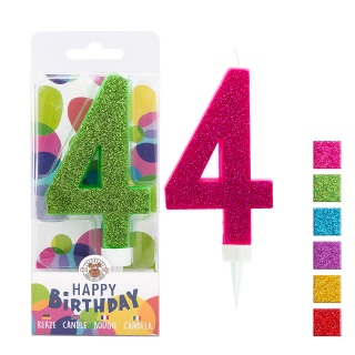Świeczka urodzinowa TRENDHAUS Birthday Fun maxi, brokatowa, cyfra 4, mix kolorów, Okolicznościowe, Gadżety