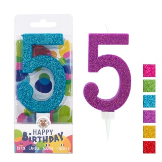 Świeczka urodzinowa TRENDHAUS Birthday Fun maxi, brokatowa, cyfra 5, mix kolorów, Okolicznościowe, Gadżety