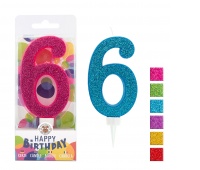 Świeczka urodzinowa TRENDHAUS Birthday Fun maxi, brokatowa, cyfra 6, mix kolorów, Okolicznościowe, Gadżety
