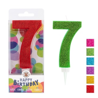 Świeczka urodzinowa TRENDHAUS Birthday Fun maxi, brokatowa, cyfra 7, mix kolorów, Okolicznościowe, Gadżety