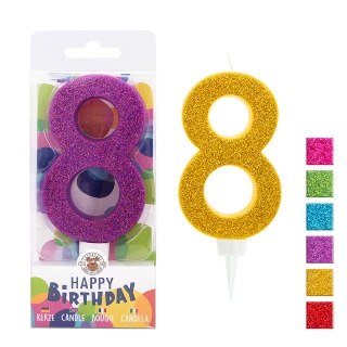 Świeczka urodzinowa TRENDHAUS Birthday Fun maxi, brokatowa, cyfra 8, mix kolorów, Okolicznościowe, Gadżety