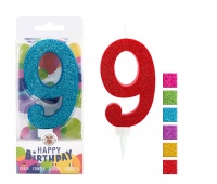 Świeczka urodzinowa TRENDHAUS Birthday Fun maxi, brokatowa, cyfra 9, mix kolorów, Okolicznościowe, Gadżety