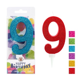 Świeczka urodzinowa TRENDHAUS Birthday Fun maxi, brokatowa, cyfra 9, mix kolorów, Okolicznościowe, Gadżety