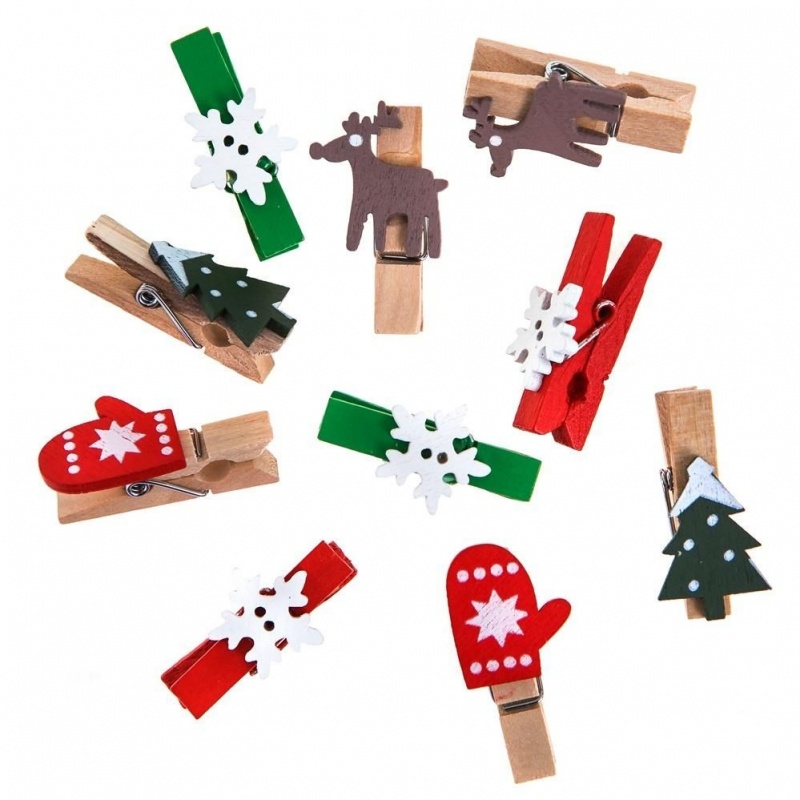 KLAMERKI DREWNIANE MOTYWY ŚWIĄTECZNE 10szt., Boże Narodzenie, Art. świąteczne i okolicznościowe