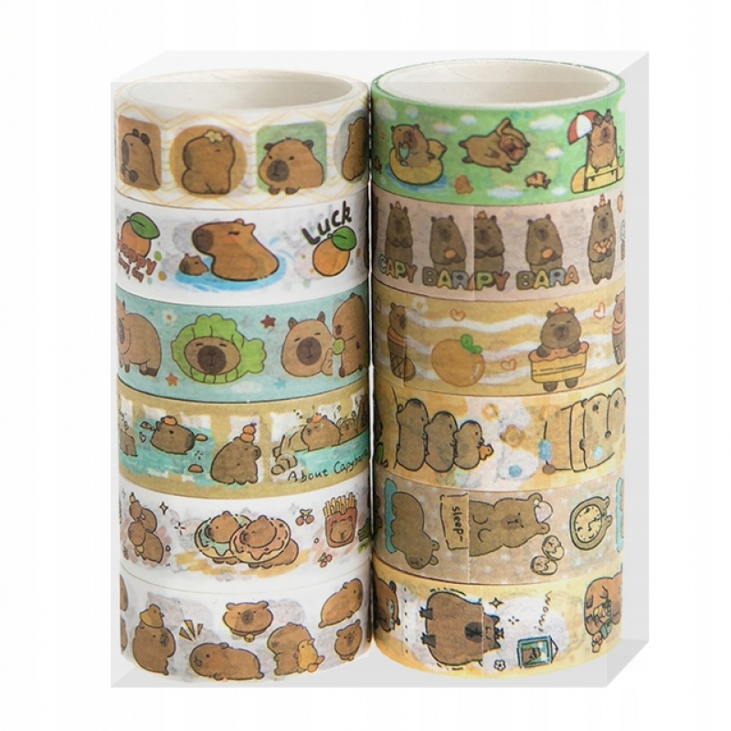ZESTAW TAŚM WASHI KAPIBARA 1,5cm.x2m.12szt., Dekoracyjne, Taśmy