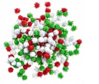 POMPONY POLIESTR.METAL.15mm.BIAŁE,CZERW.,ZIEL./200