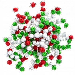 POMPONY POLIESTR.METAL.15mm.BIAŁE,CZERW.,ZIEL./200, Pompony, Art. kreatywne