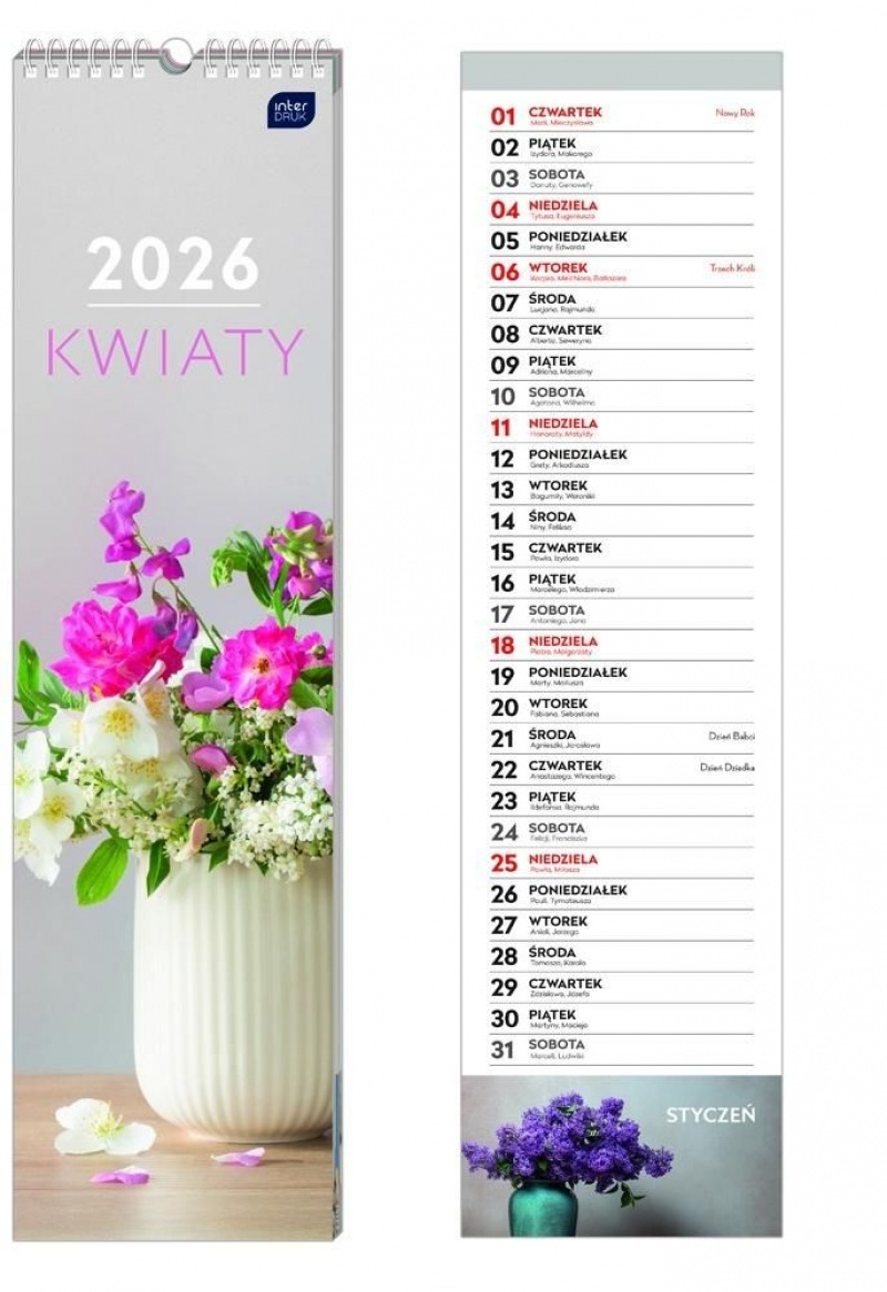 Kalendarz paskowy 13,5x50cm Kwiaty 2026, Ścienne, Kalendarze