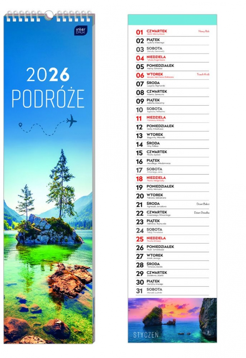 Kalendarz paskowy 13,5x50cm Podr&oacute;że 2026, Ścienne, Kalendarze