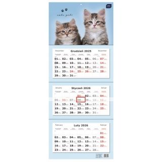 Kalendarz tr&oacute;jdzielny 82,5x34cm Koty 2026, Ścienne, Kalendarze